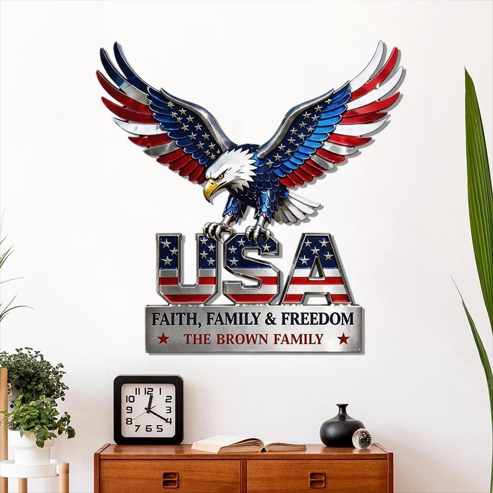 Custom USA Eagle Metal Sign, Patriotic Family Name Wall Art, American Flag Eagle
