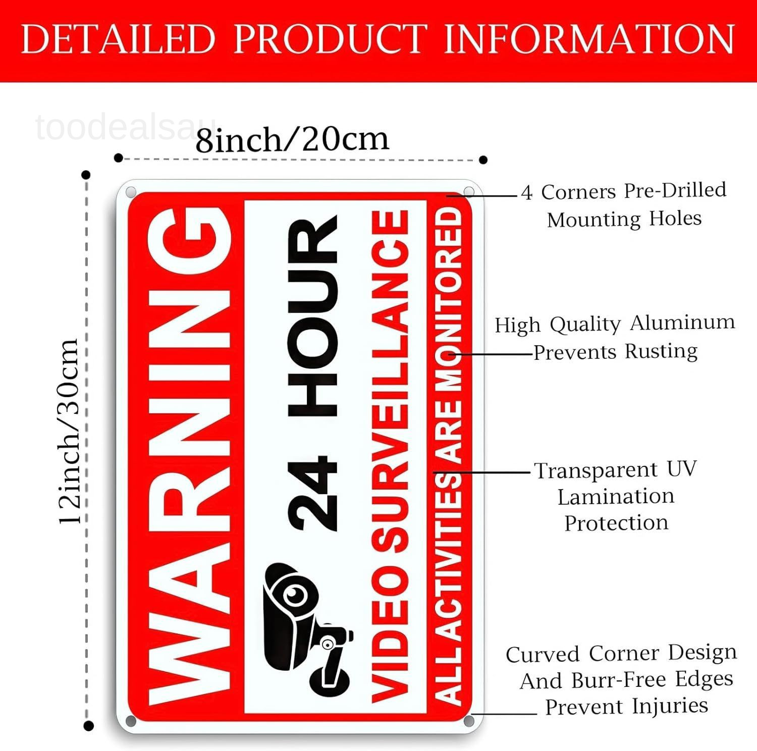 4 Pack Video Surveillance Signs, 8 x 12 Inch Aluminum 12×8 Inches, Red, White