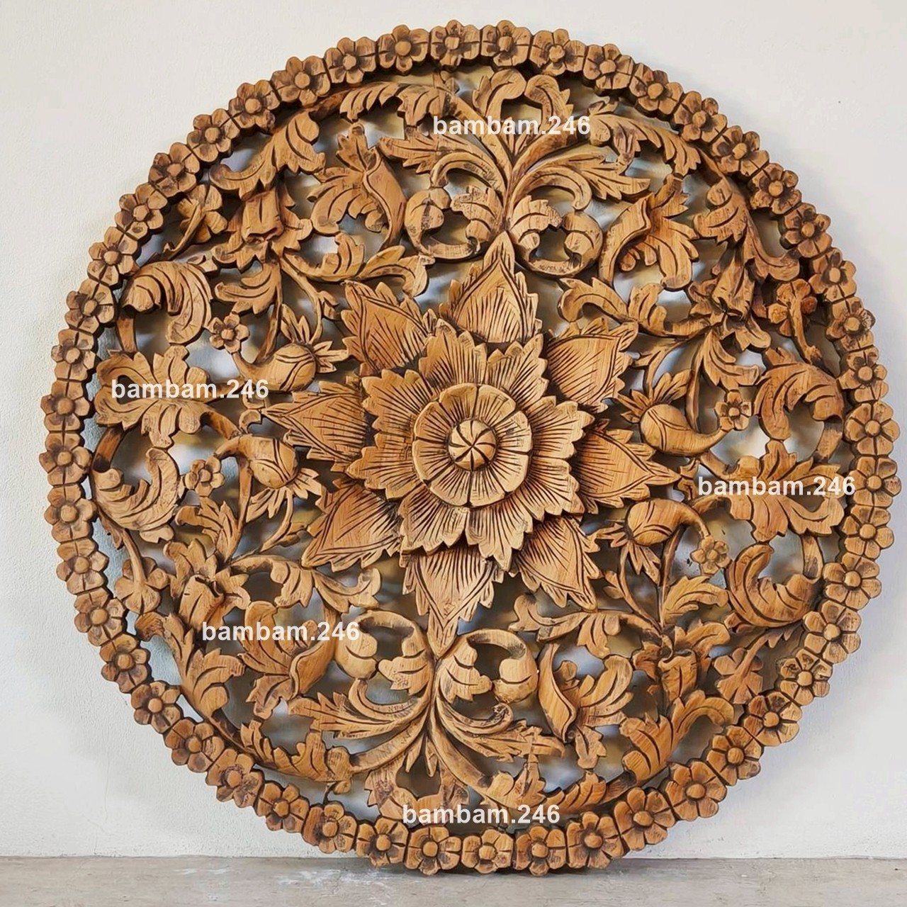 Large Round Teak Wood Wall Art 35 in Floral Flower Design Thai Carving for Livin