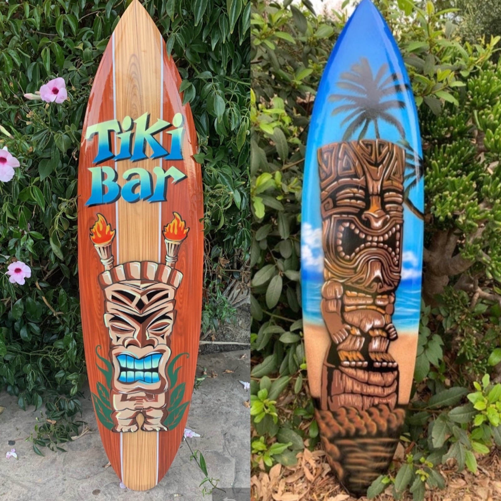 Set of Tiki Bar Sign and Tropical Tiki Surf Airbrushed Mango Wood Surfboard