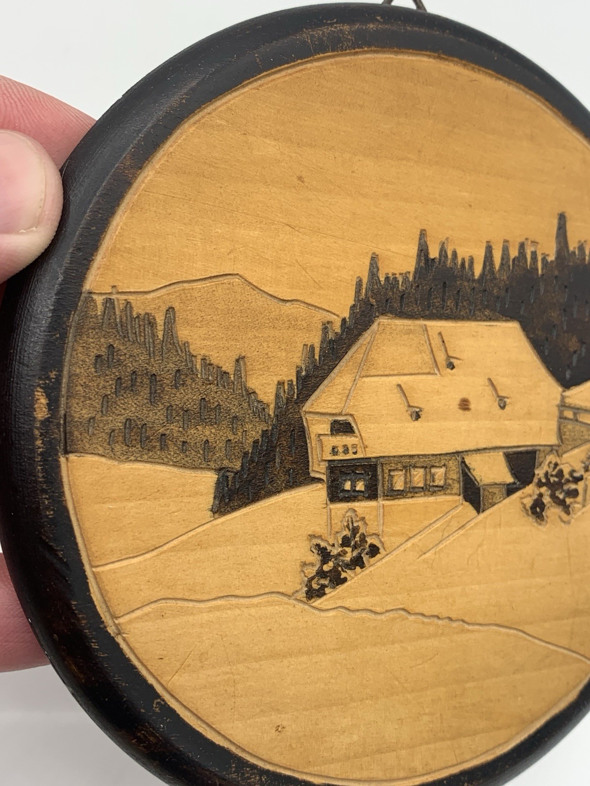 Vintage Inlay Wall Art Handmade Wood Round Country Hillside Scenery