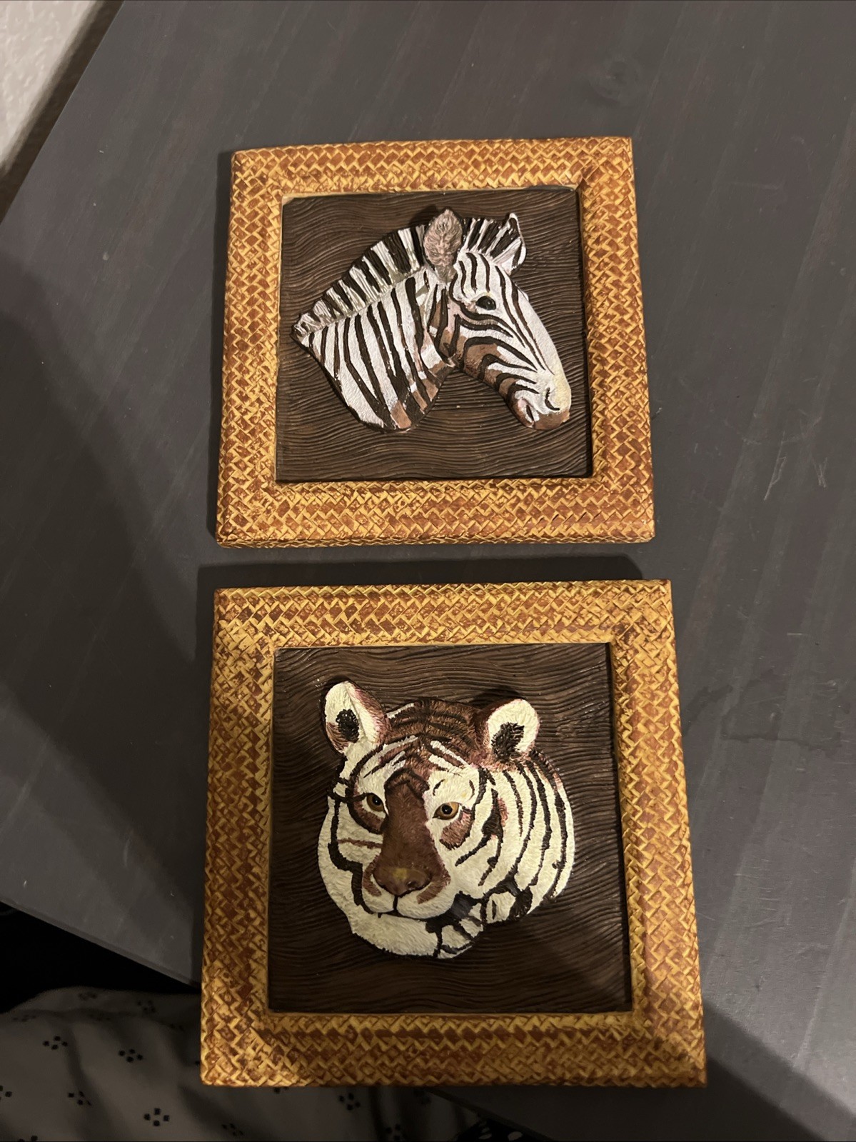 Vintage Zebra & Tiger Ceramic Decorative Plaque Wall Art 3D 5×5