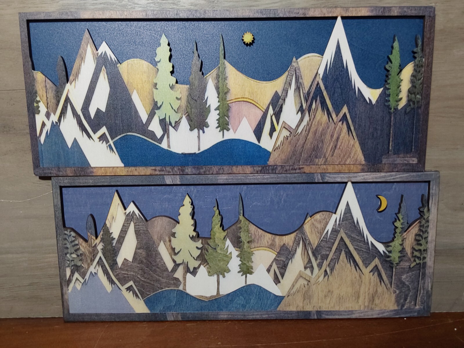 Rustic 3D Wooden Wall Art Multicolor Mountain Scenes Night Day 15.75×6.25 Cabin