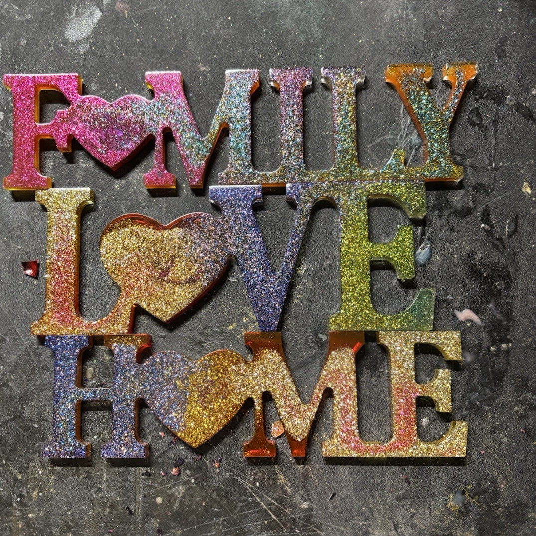 Multicolor Wooden Decorative Wall Plaque Sign “Family Love Home” Glitter