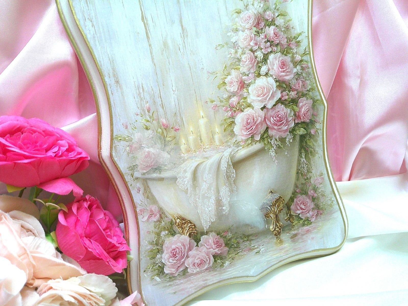 Shabby Chic Victorian~White Clawfoot Tub Image w/Pink Roses~Wooden Plaque~OOAK