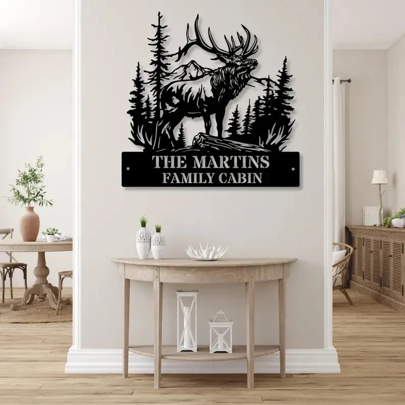 Personalized Elk Metal Sign Custom Family Name Monogram Wildlife Wall Art Decor