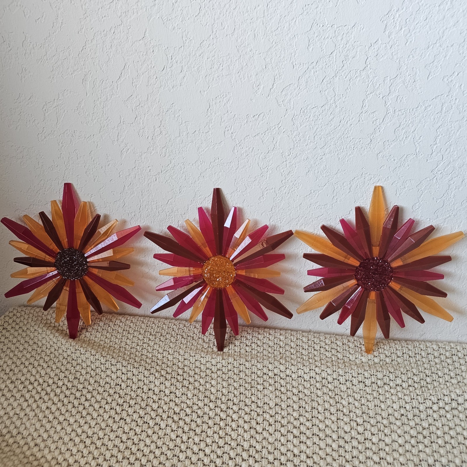 Modern Flower Wall Plaques Set of 3 Red Orange Brown Resin Glossy Decor