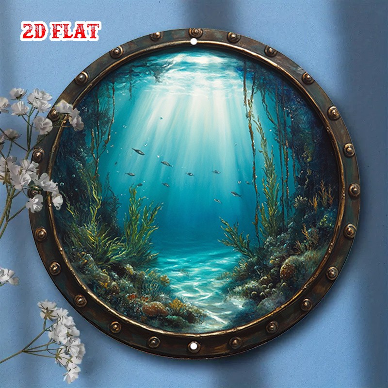 2D Flat 1 Piece Rustic Round Aluminum Tin Sign Underwater Sunlight Fish Vintage♪