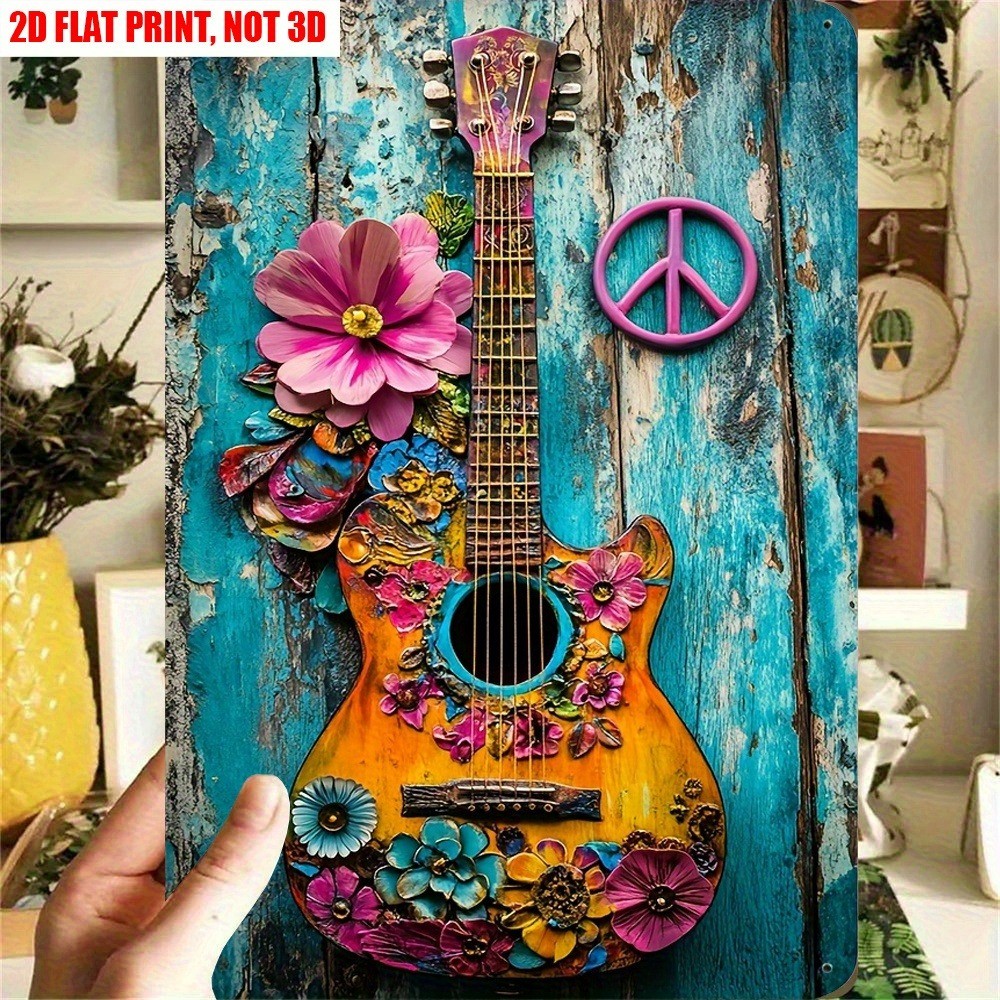 Boho Floral Guitar Metal Sign Peace Sign Hippie Wall Art Retro Music Room Decor