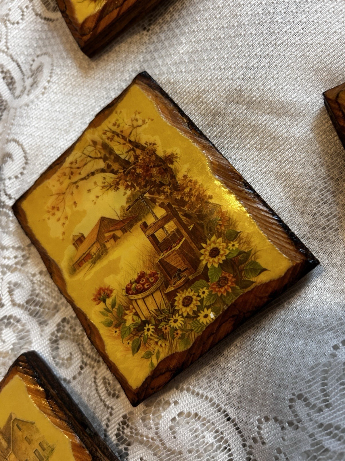 Set of 5 Wood Farmhouse Floral Wall Plaques, Decorative, Rectangle, 4 in x 3 in