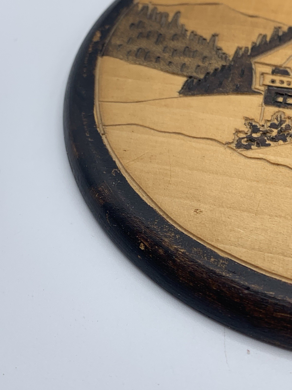 Vintage Inlay Wall Art Handmade Wood Round Country Hillside Scenery