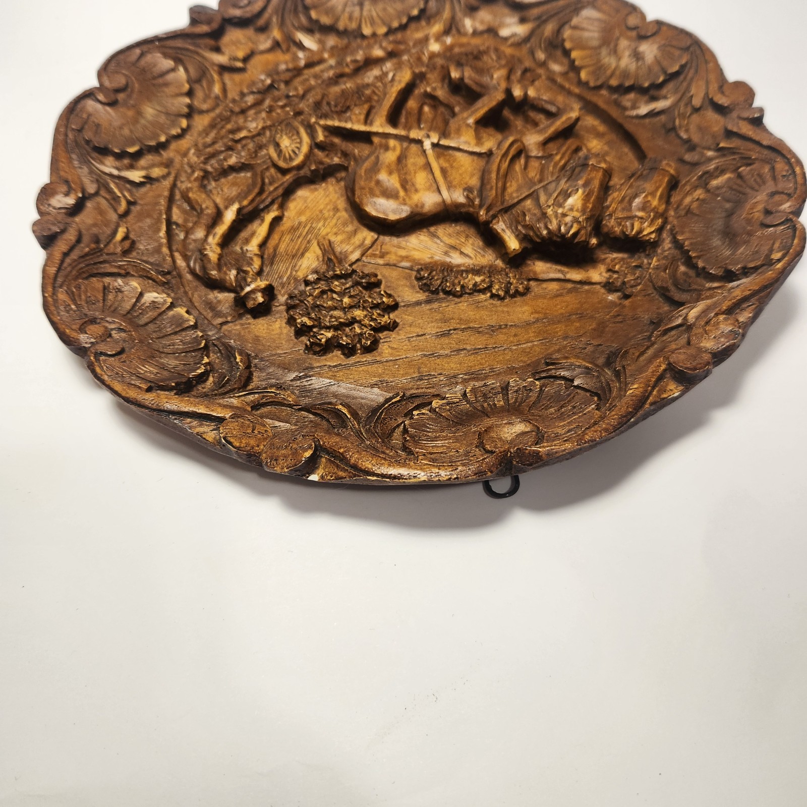 Hand Carved Wood/Resin Plaque Farmer Plowing Field Detailed