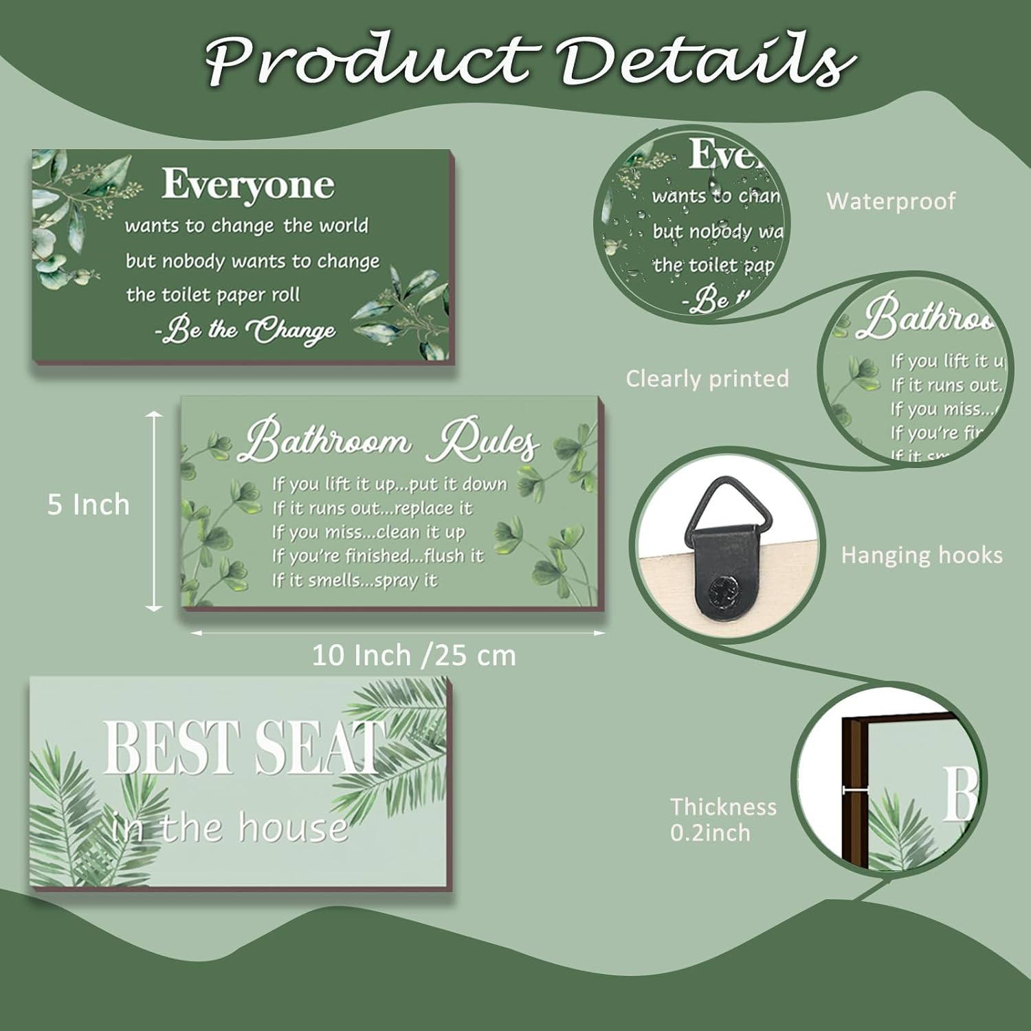 3 Pcs Green Bathroom Rules Decor Sage Farmhouse Wooden Best Seat in the House Wa