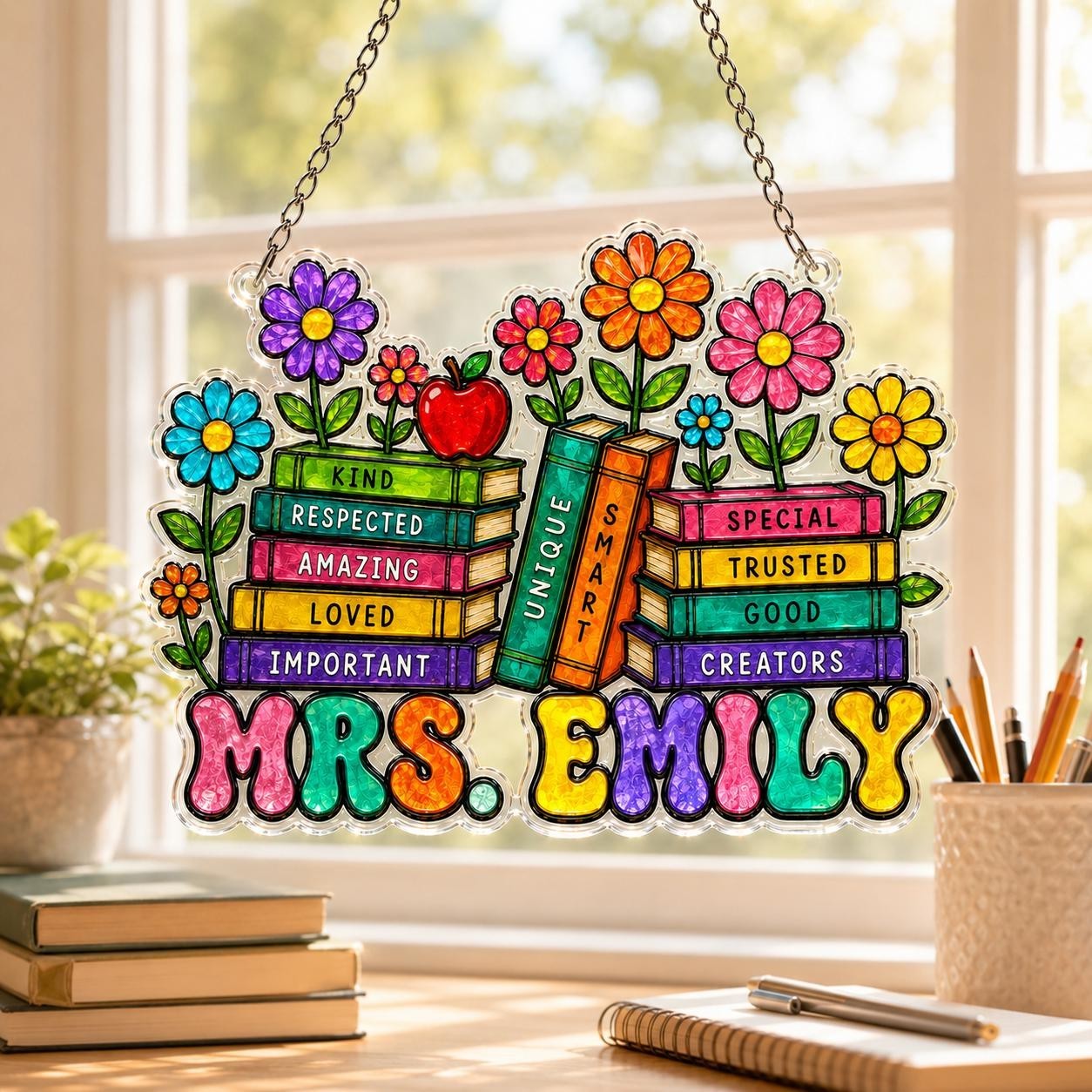 Custom Teacher Acrylic Suncatcher Personalized Name Book Stack Window Hanging
