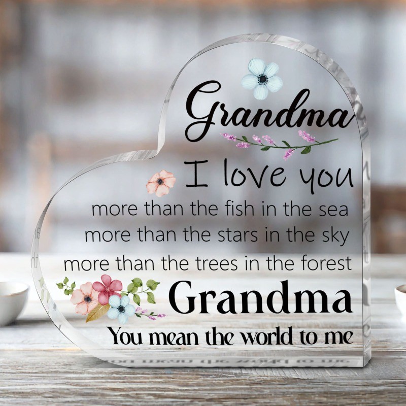 4*4in Graphic Design Acrylic Heart-Shaped Decor with Warm Word for Grandma Gifts