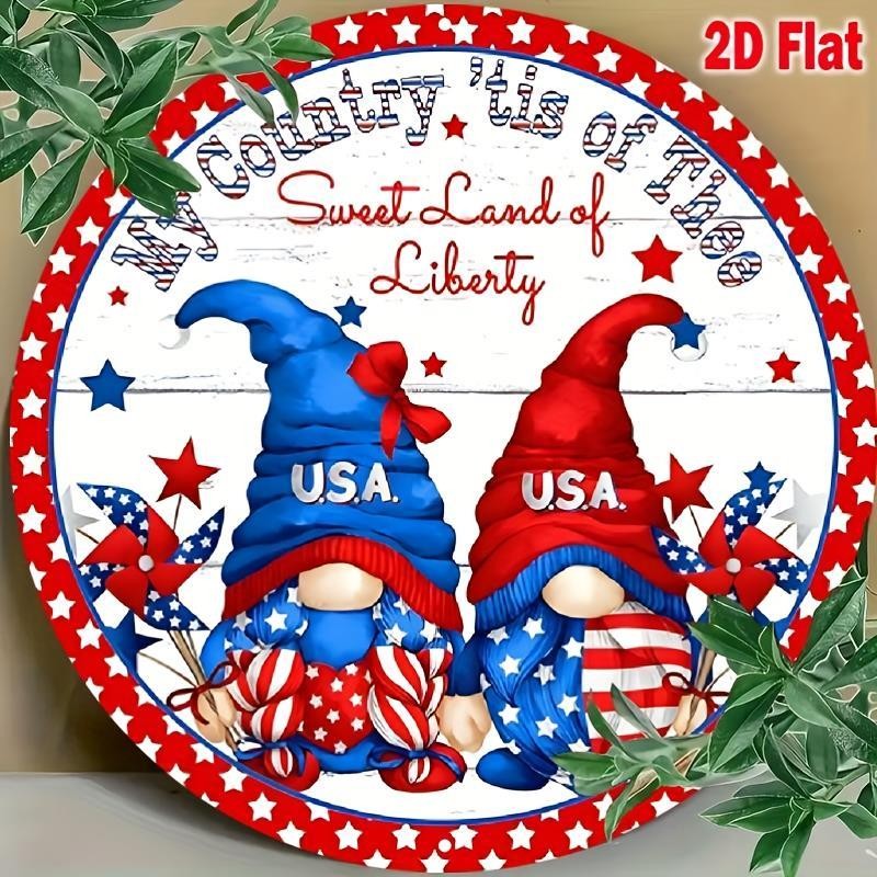 Patriotic Gnome Wreath Aluminum Sign 8 Inch Round Funny Outdoor Decor