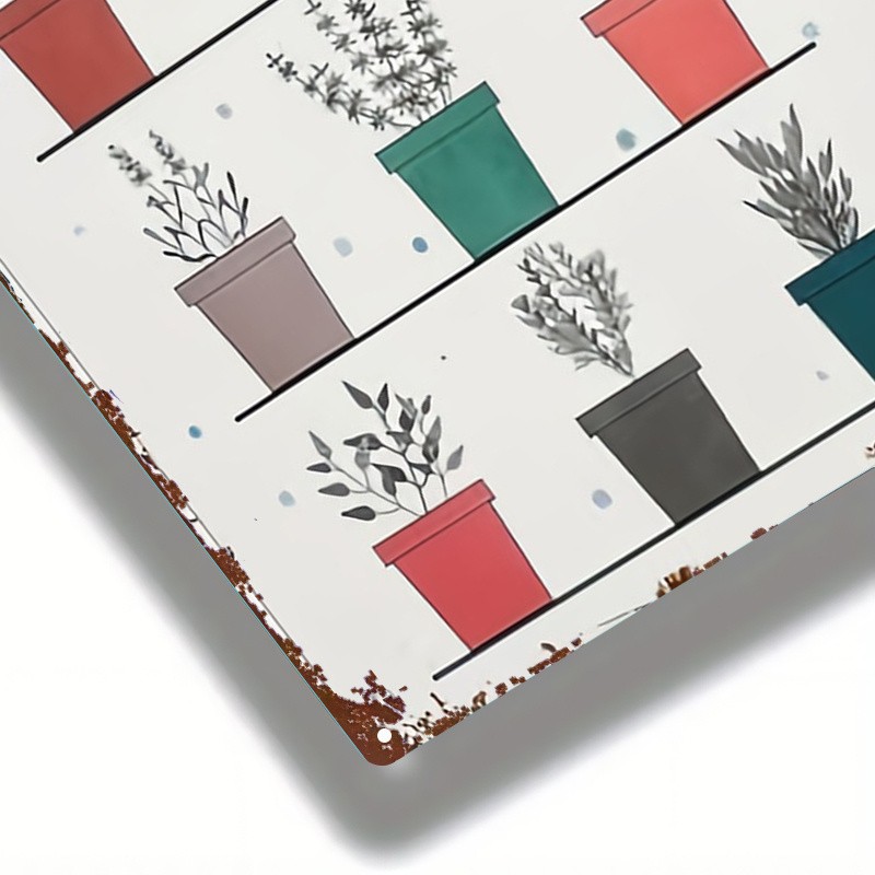 Vintage White Metal Sign multi-color potted plant illustration home wall decor