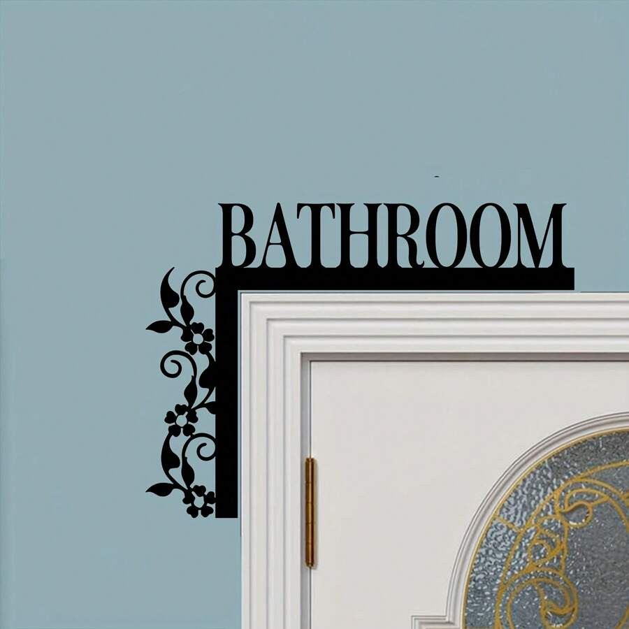 Bathroom Door Sign Wall-Mounted Iron Metal Art Decor Plaque with Floral Design