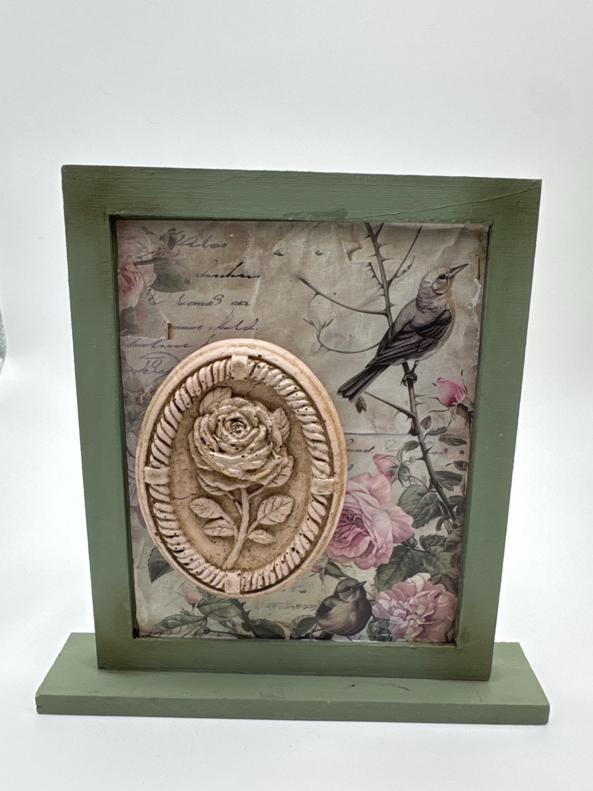 Vintage Bird Rose Shelf Sitter Sage Green Farmhouse Cottage Decor 6×6