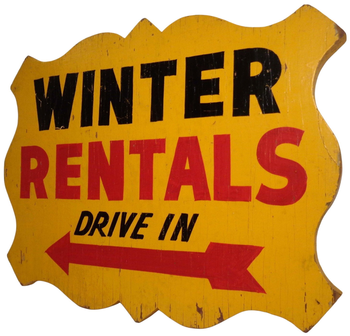 WINTER RENTALS DRIVE IN EARLY-MID 20TH C VINT HAND PAINTED JIG-CUT EDGE WDN SIGN