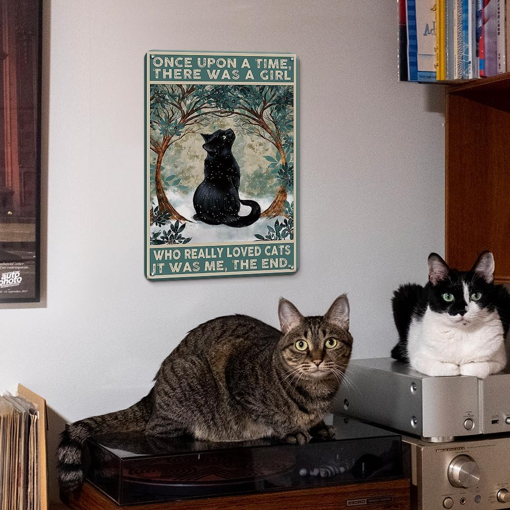 Vintage Black Cat Decor Metal Sign,Once upon a Time There Was a Girl Who Loved C
