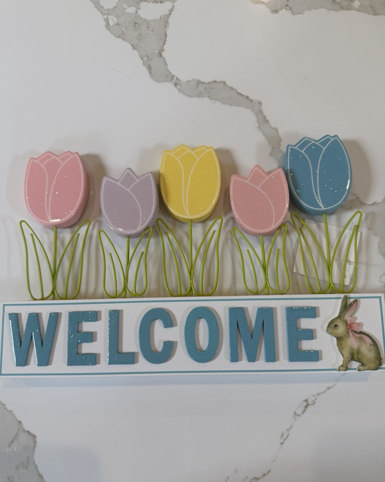 Welcome Tulips Spring Wood Decor Glossy, Glittery Finish Green Wire Leaves NWT