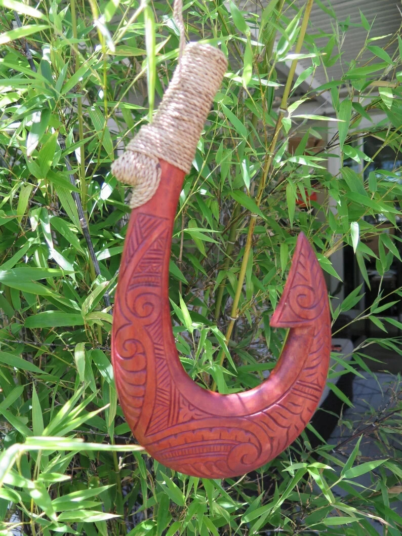 Hawaiian Hand Made Wall Decor Solid Wood Polynesian Fish Hook Tribal Design