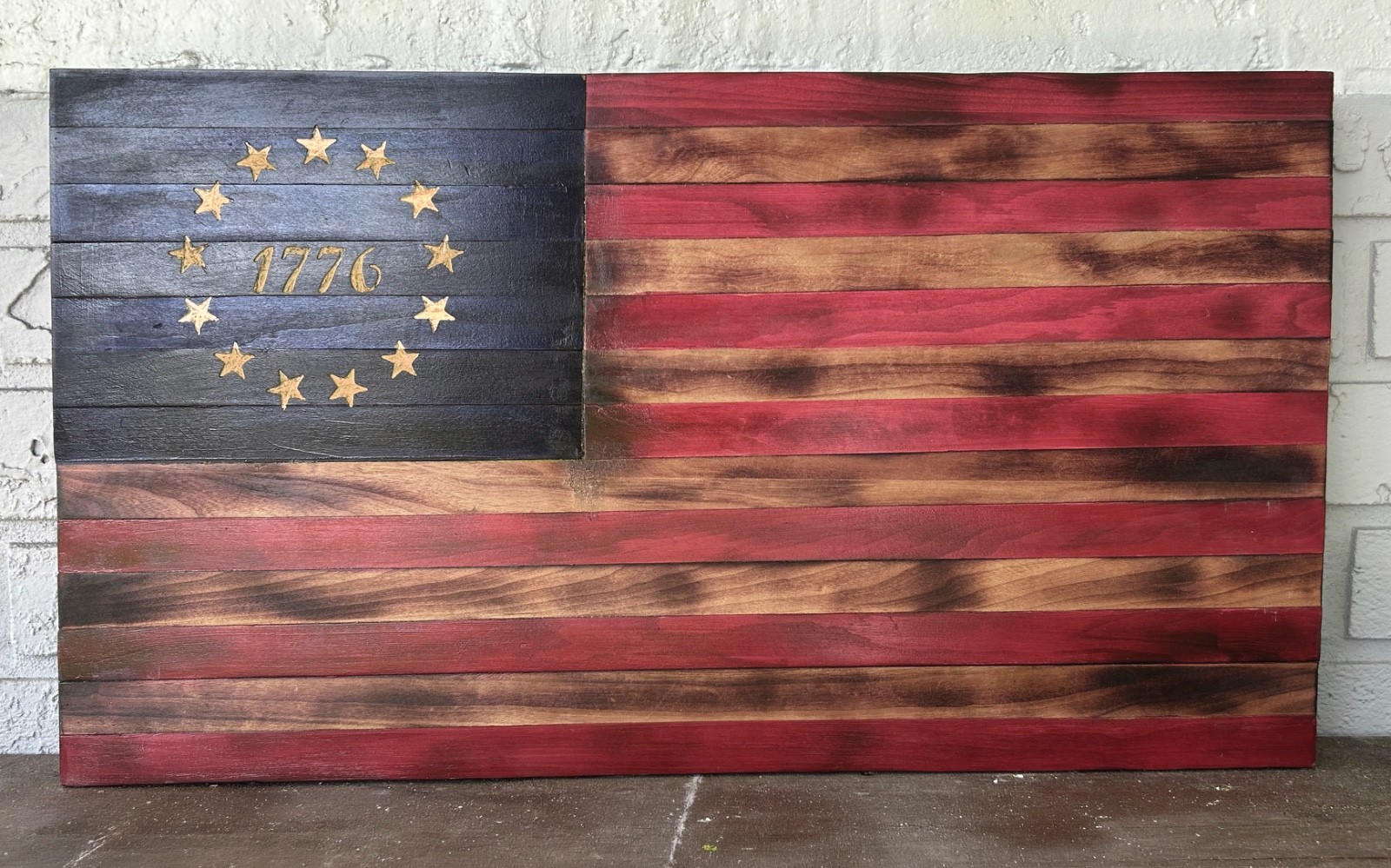 Handmade Wooden American Flag, Spirit of 1776 Charred American Flag 13.5 X 23.75