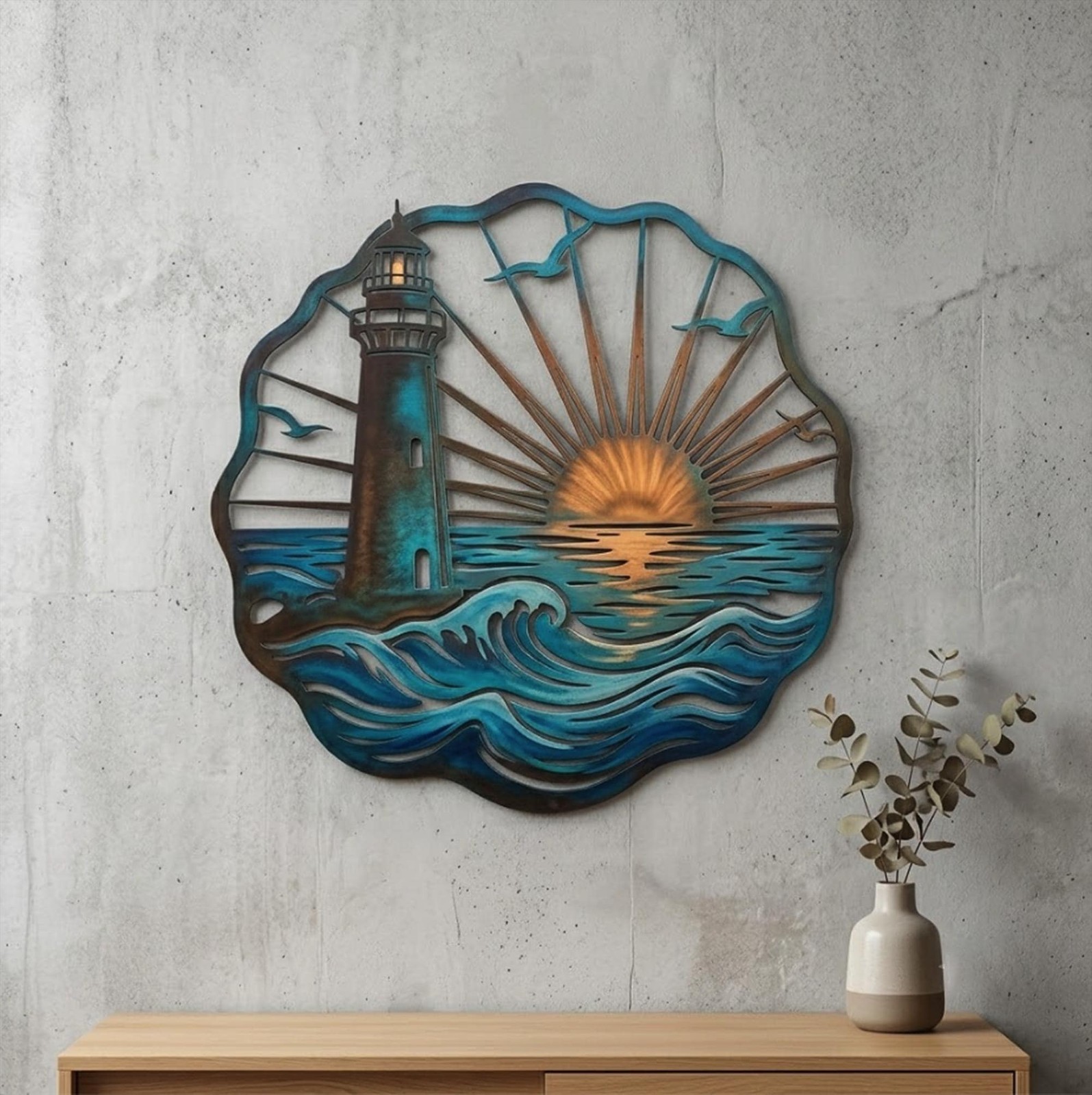 Coastal Lighthouse Metal Wall Art, Nautical Beach House Decor