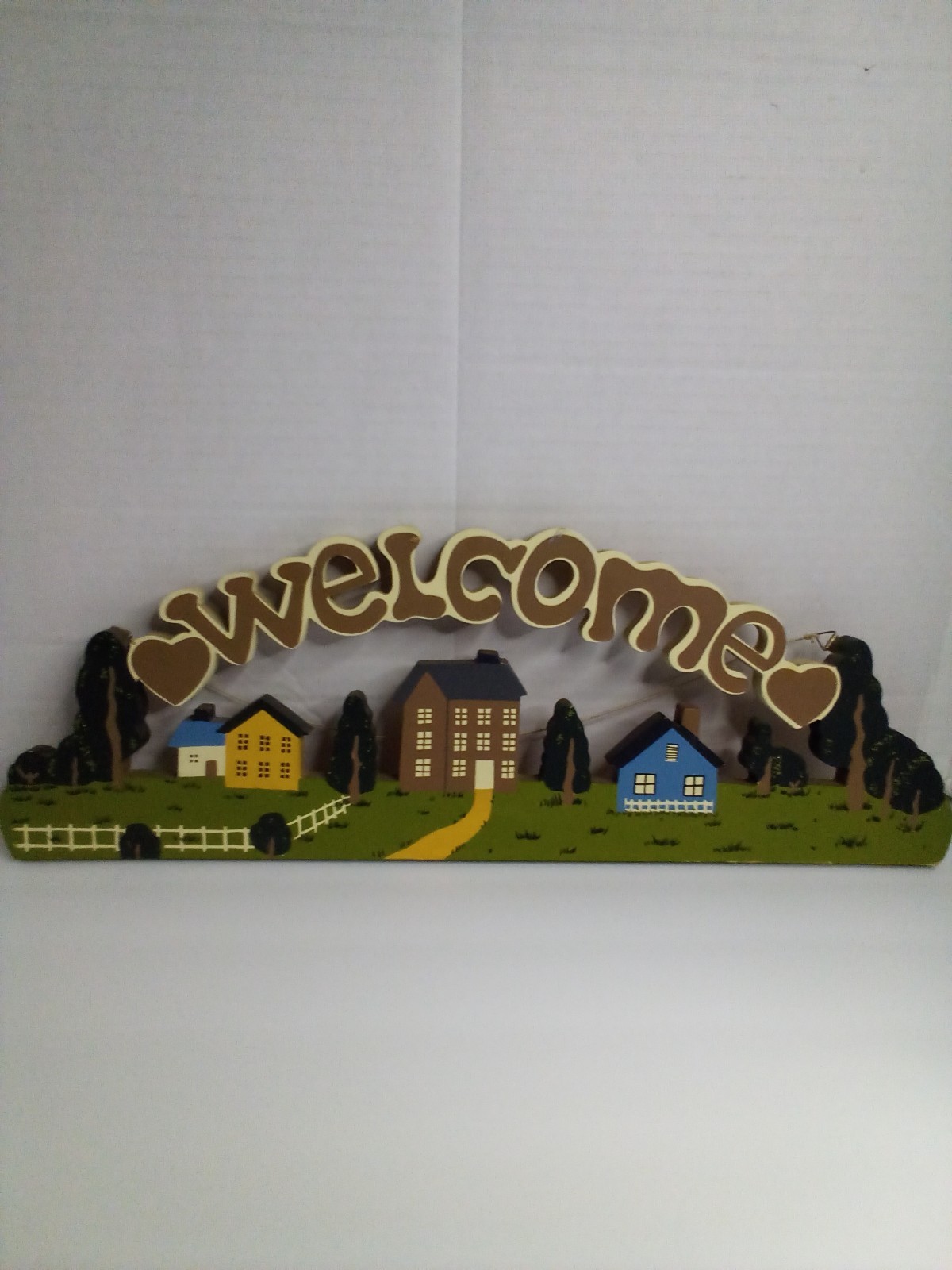 Vintage Folk Art Welcome Sign Houses Trees Hand Painted Cottagecore 19″ x 7″