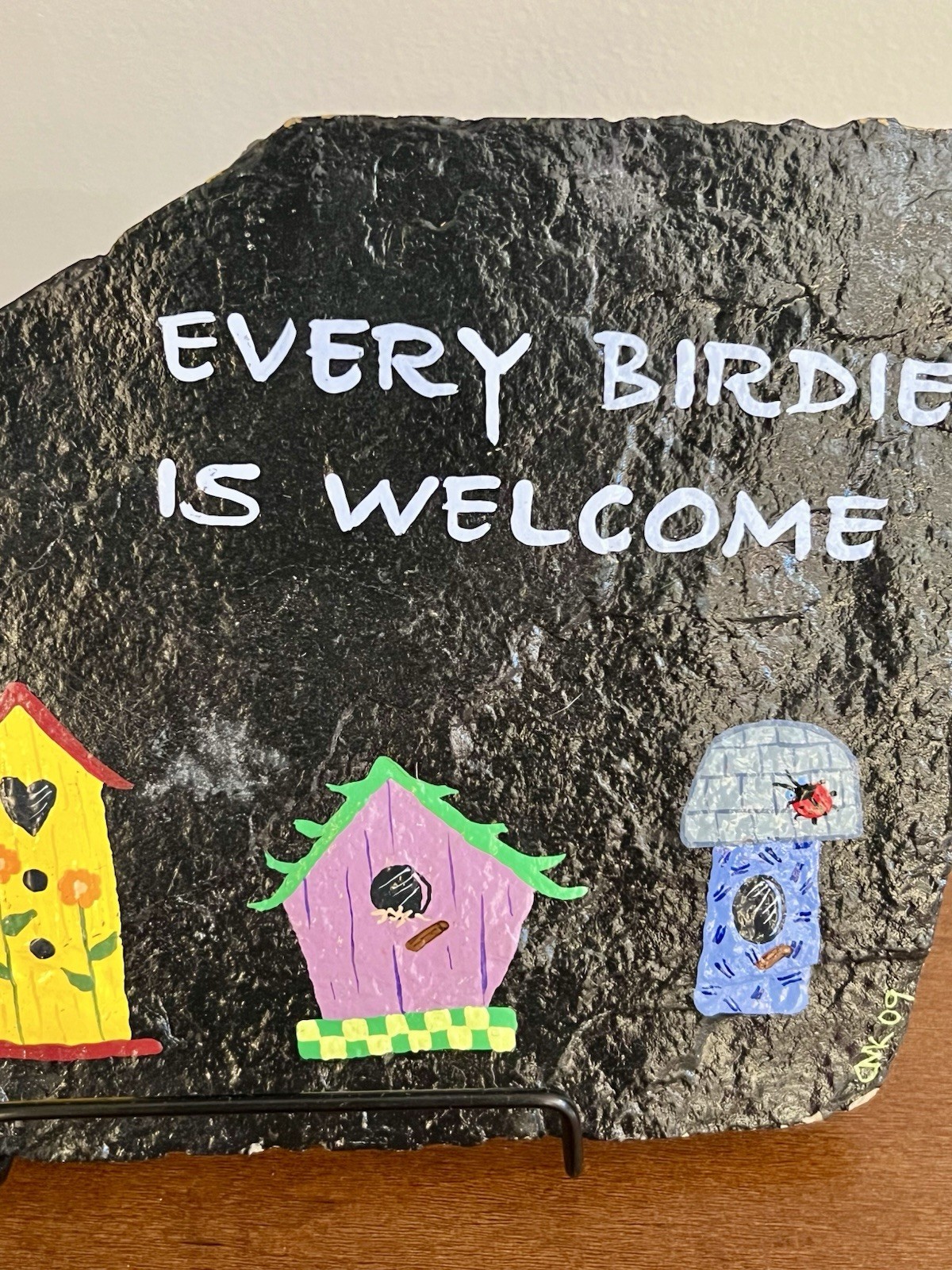 Hand Painted Slate Plaque Every Birdie Is Welcome Birdhouse Folk Art Signed