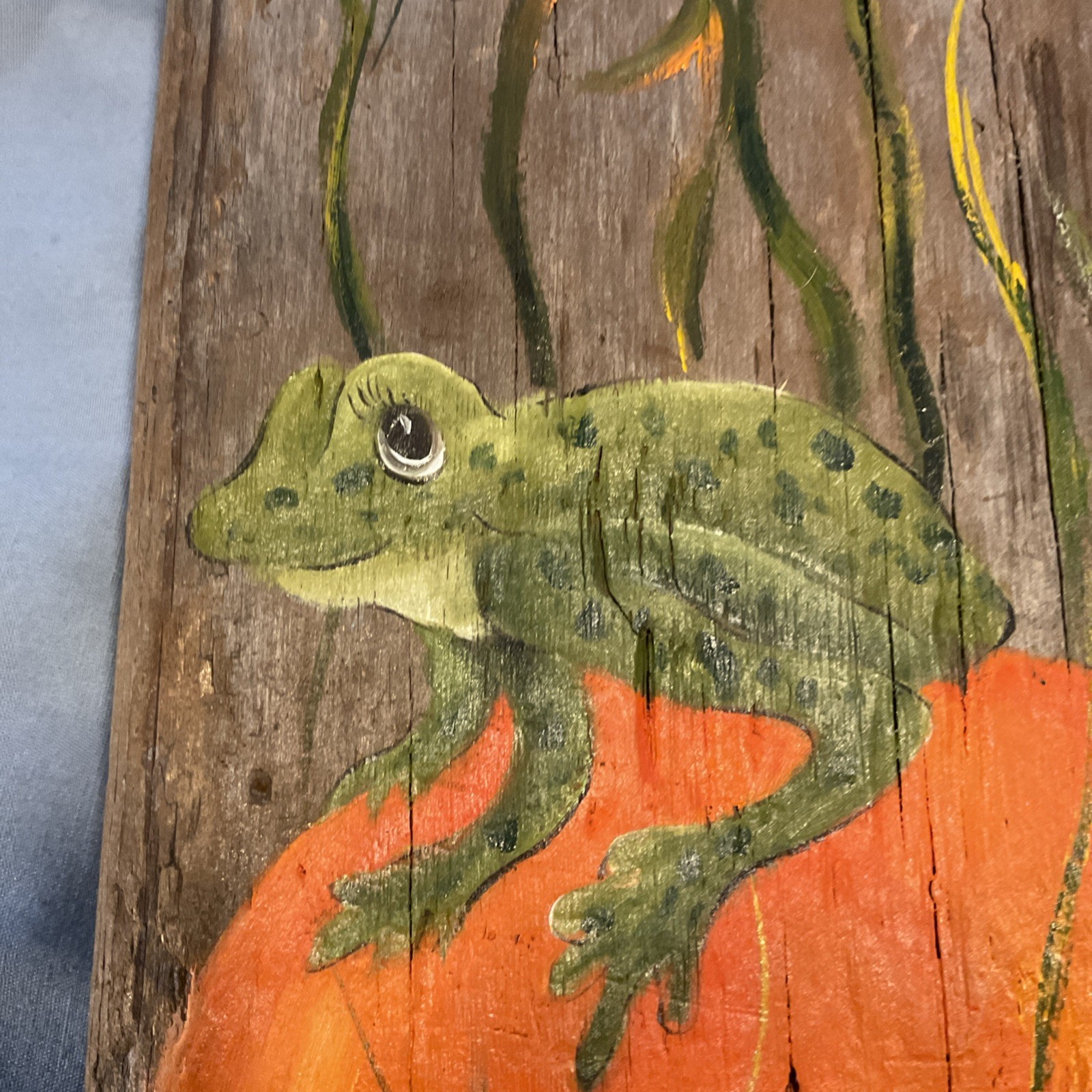 Handmade Welcome Sign Mushroom Frog Floral Driftwood Signed Decor Nature 24”x 6”