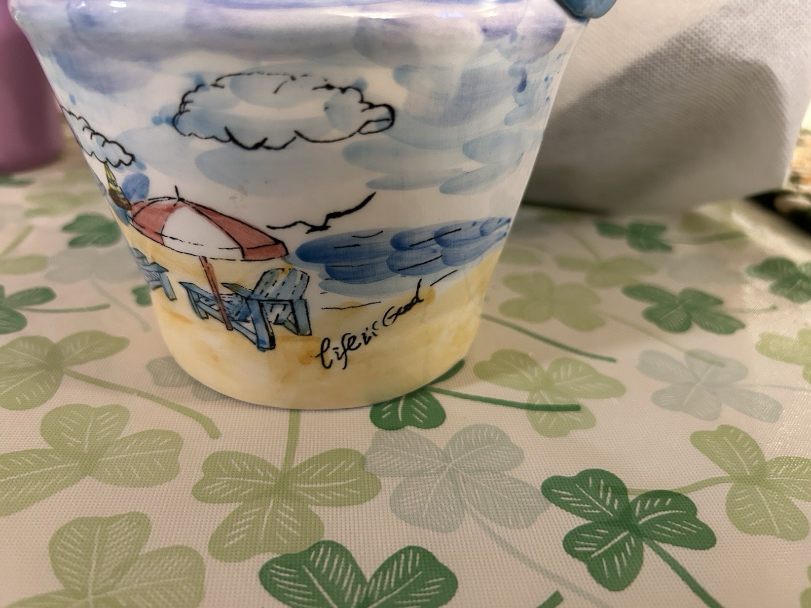 Life Is Good Ceramic Bucket With Wood Handle & Beach Scenery