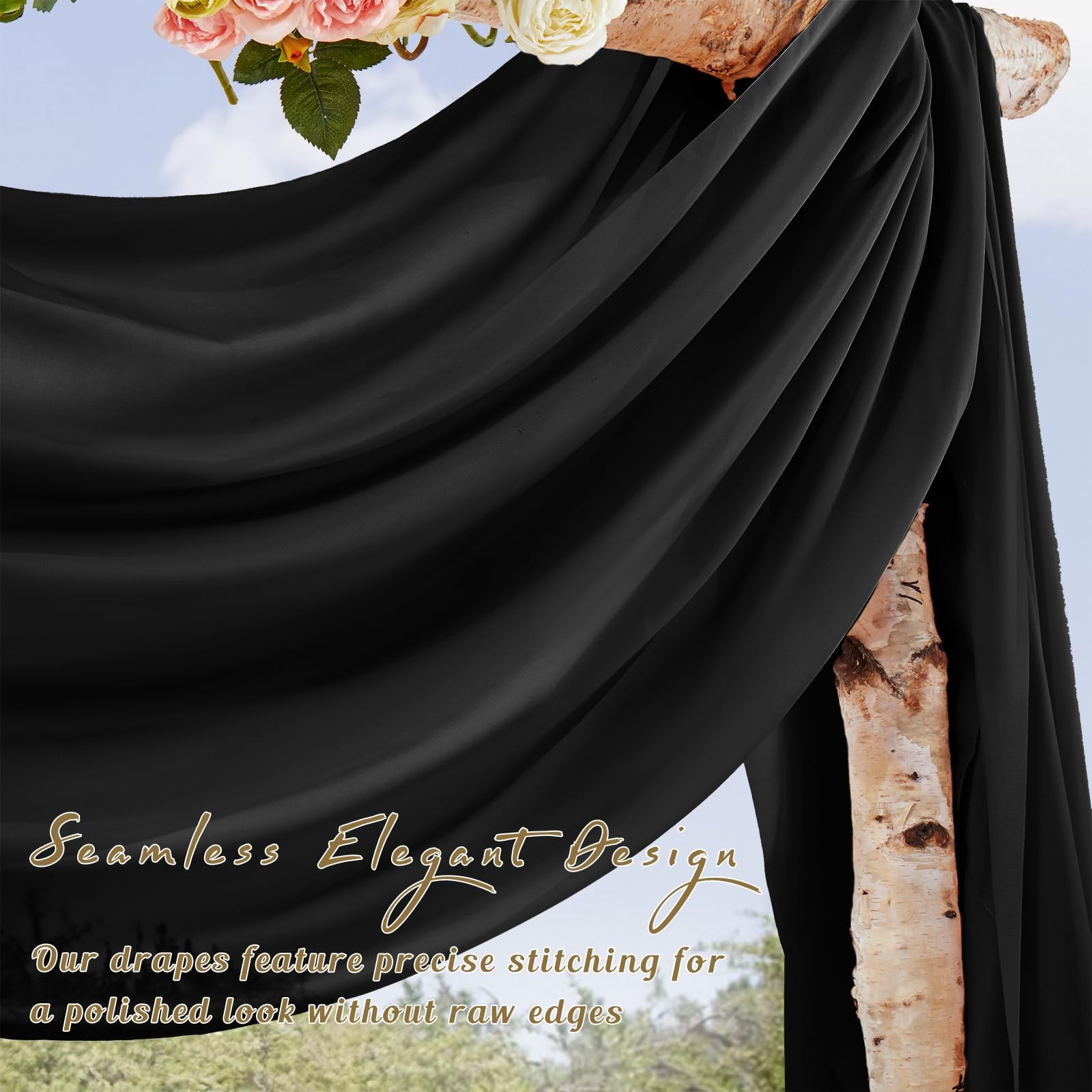 28 Inch x 19ft Black Chiffon Wedding Arch Draping Fabric Sheer Curtains 1 PC