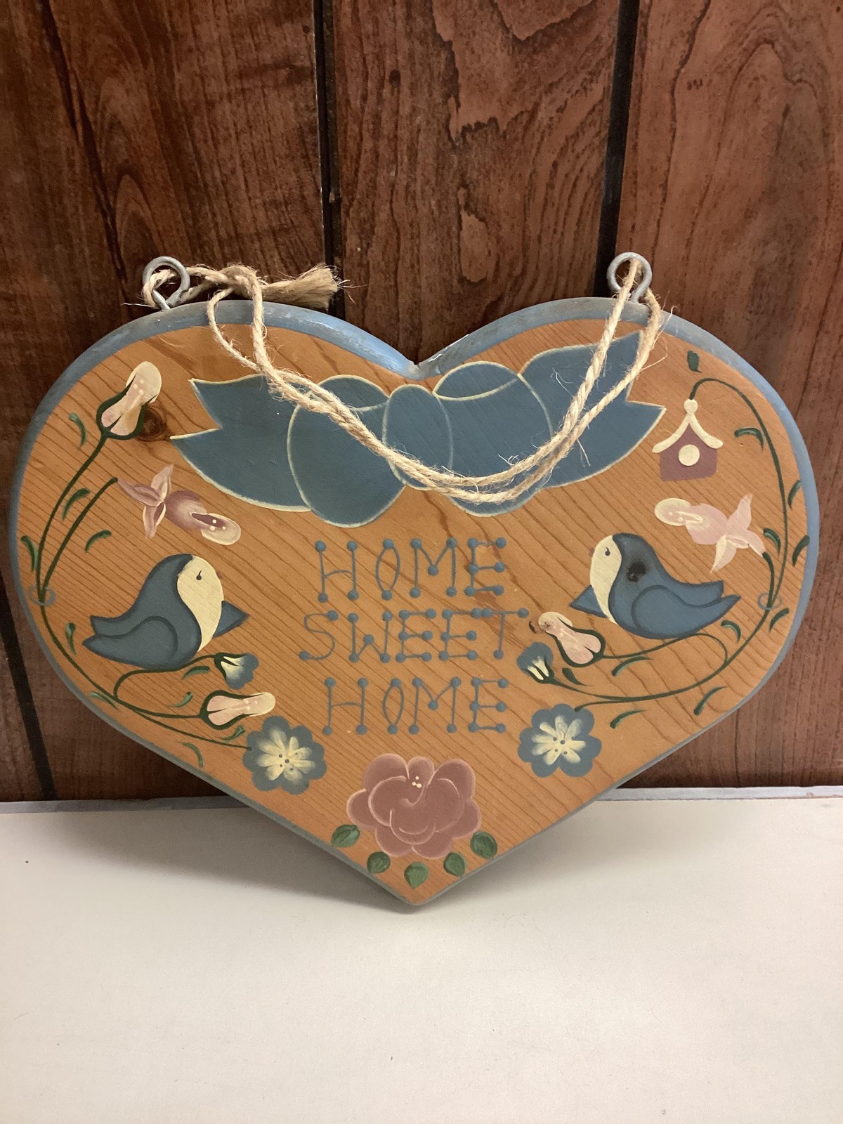 Vintage English Rose JDI Heart Wall Plaque Home Sweet Home Floral Medium Brown
