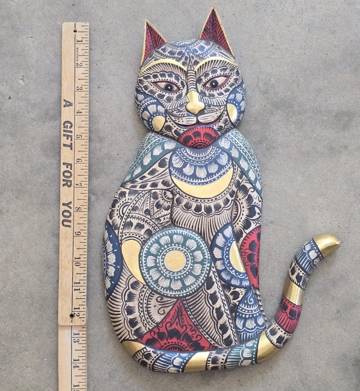 Vtg Cat Wood Wall Decor Painted Large Stylized Flower Leaf Design Gold Accents