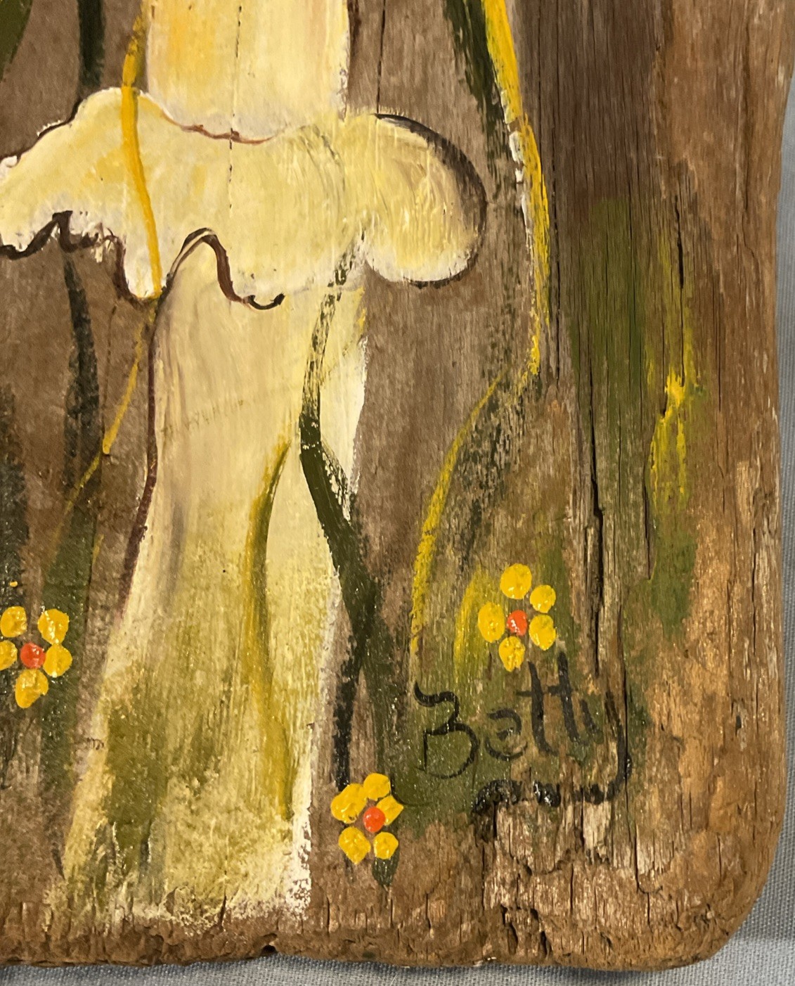 Handmade Welcome Sign Mushroom Frog Floral Driftwood Signed Decor Nature 24”x 6”