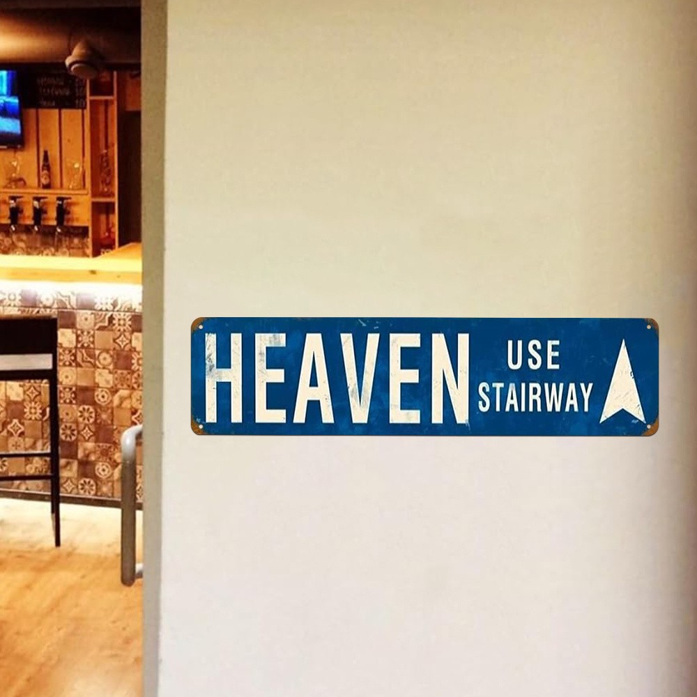 Retro “HEAVEN USE STAIRWAY” Weathered Metal Street Sign with Arrow for Man Cave