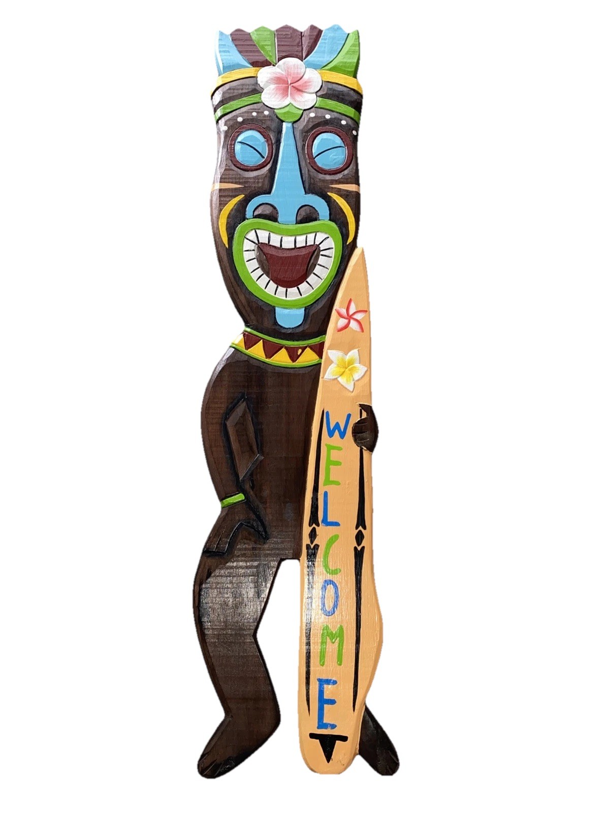 39″ WELCOME TIKI BAR WARRIOR WITH SURFBOARD SIGN WALL ART TIKI DECOR