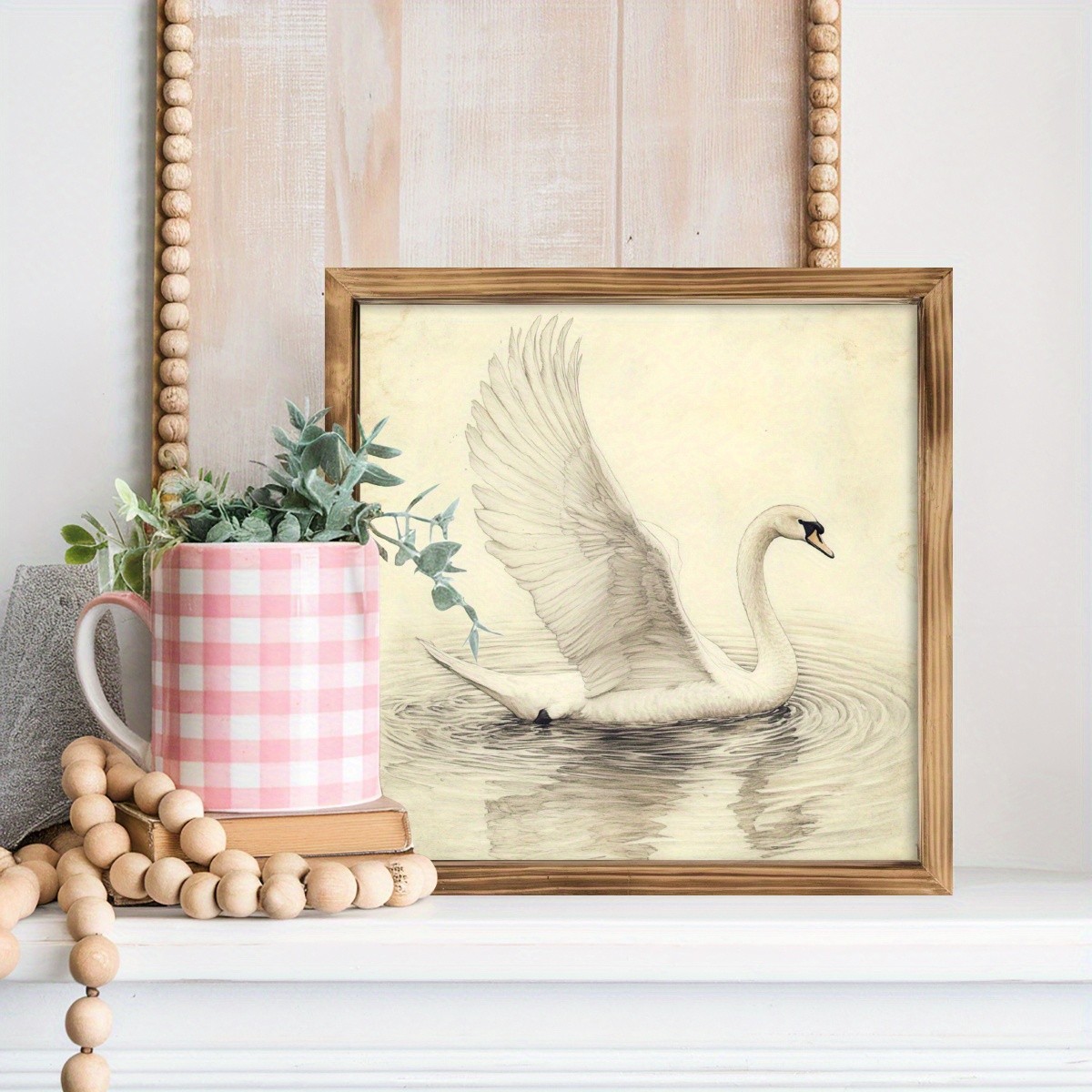 Vintage White Swan Wooden Framed Wall Art Decor Vintage Farmhouse Plaques Sign