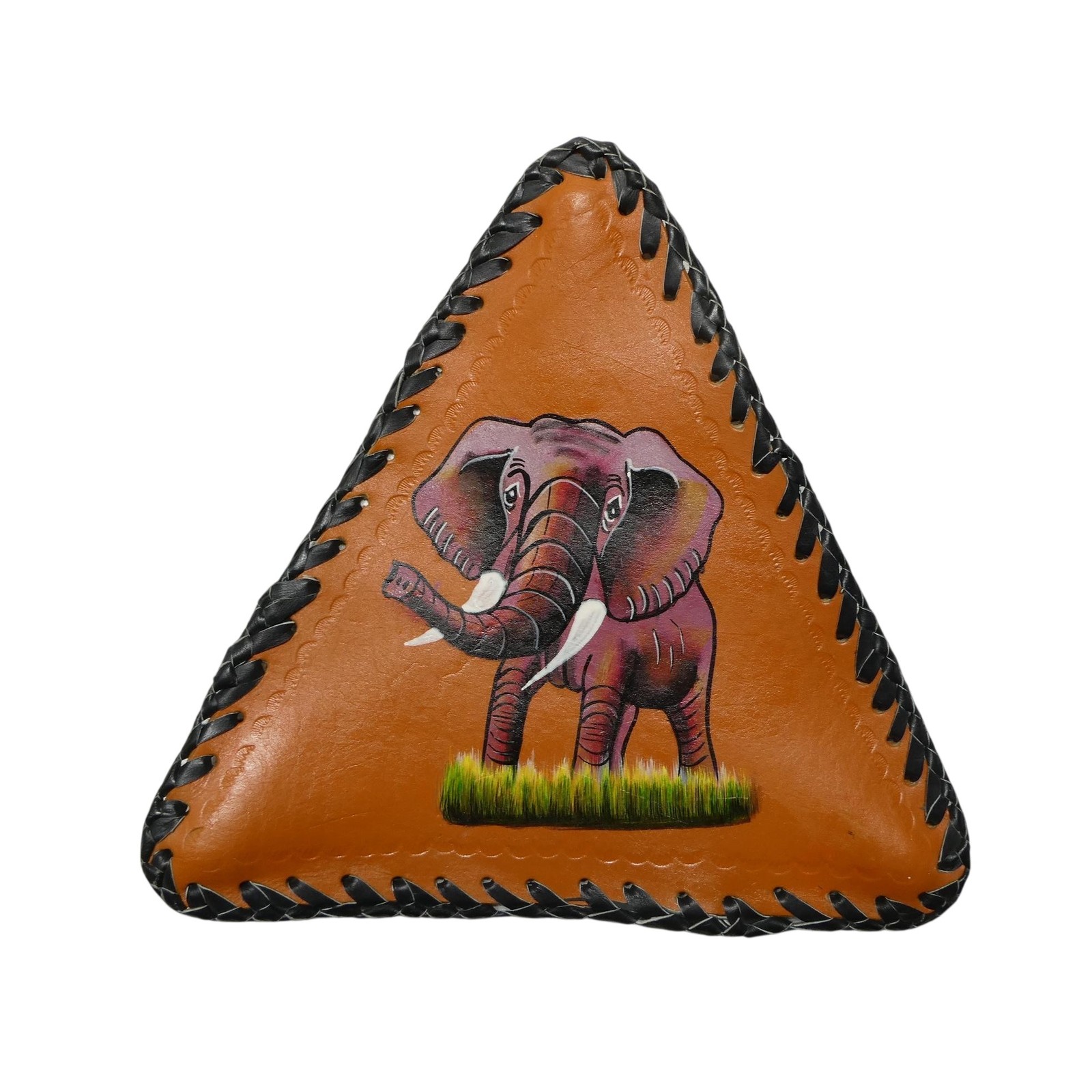 Leather Triangle Elephant Wall Plaque Hand Painted African Brown Medium Decor