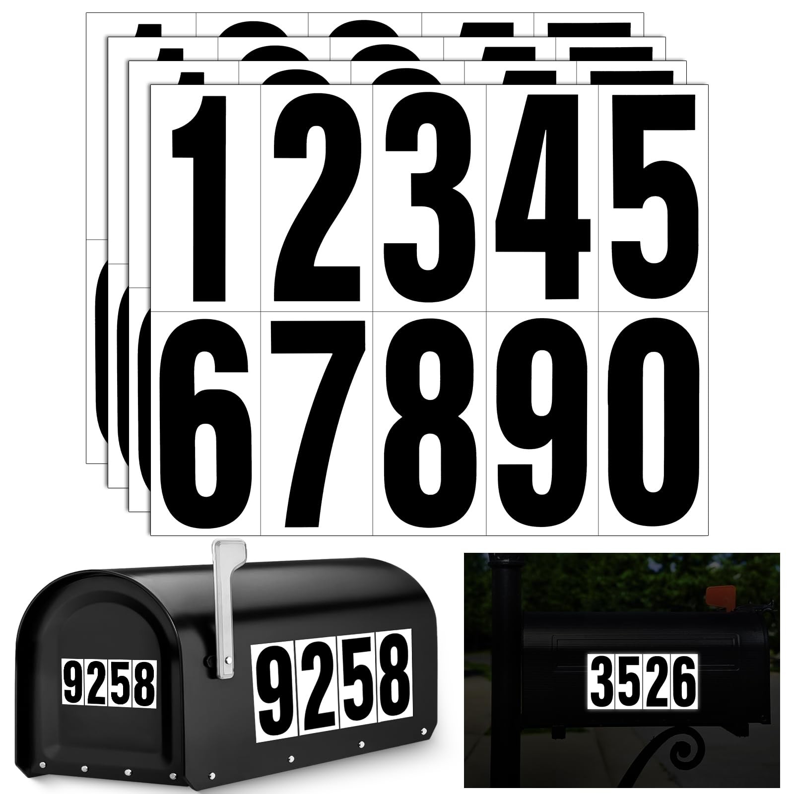Reflective Number Stickers, 4 Sets 4 Inch Vinyl Waterproof Black Mailbox Numbers