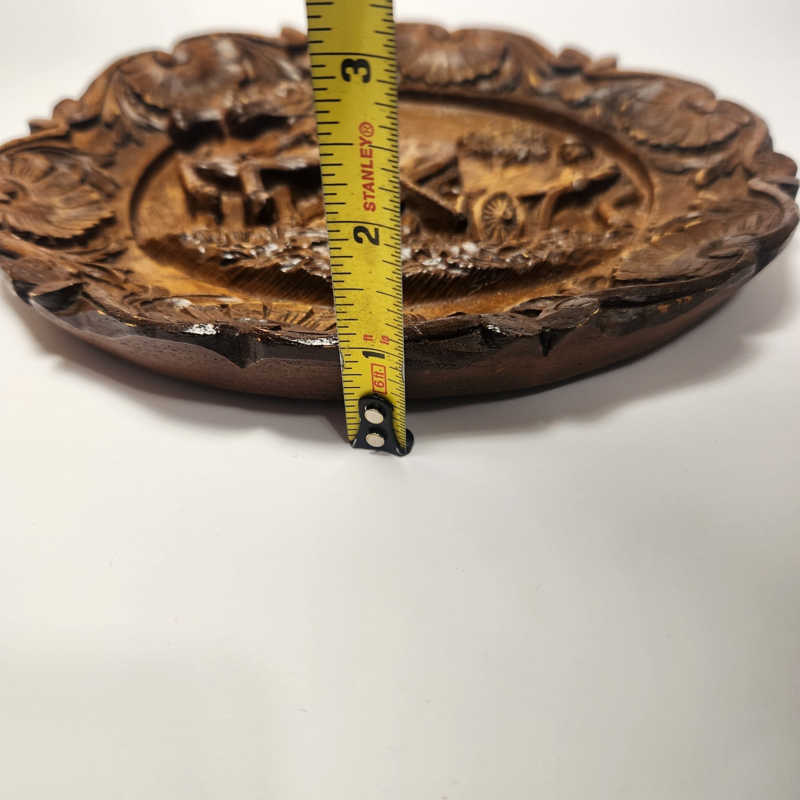 Hand Carved Wood/Resin Plaque Farmer Plowing Field Detailed