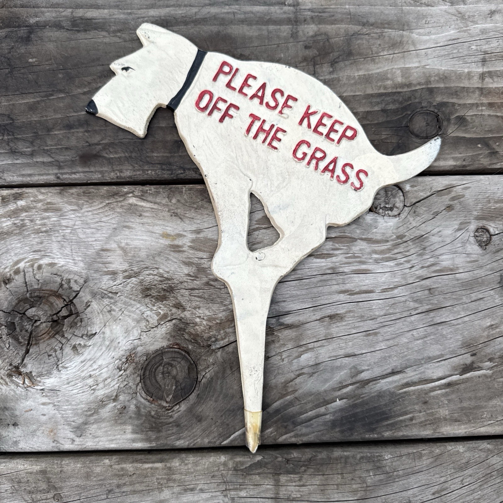 Vintage White Schnauzer Dog Painted Cast Iron Keep Off Grass Sign Lawn Ornament