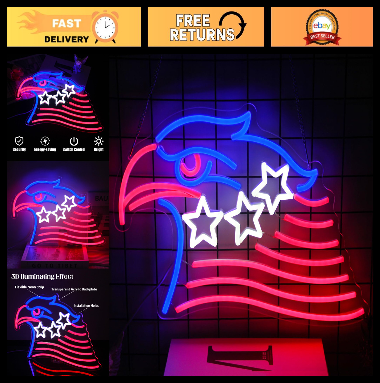 Patriotic Eagle Neon Sign – USA Flag LED Wall Decor for 4th of July, Memorial Da