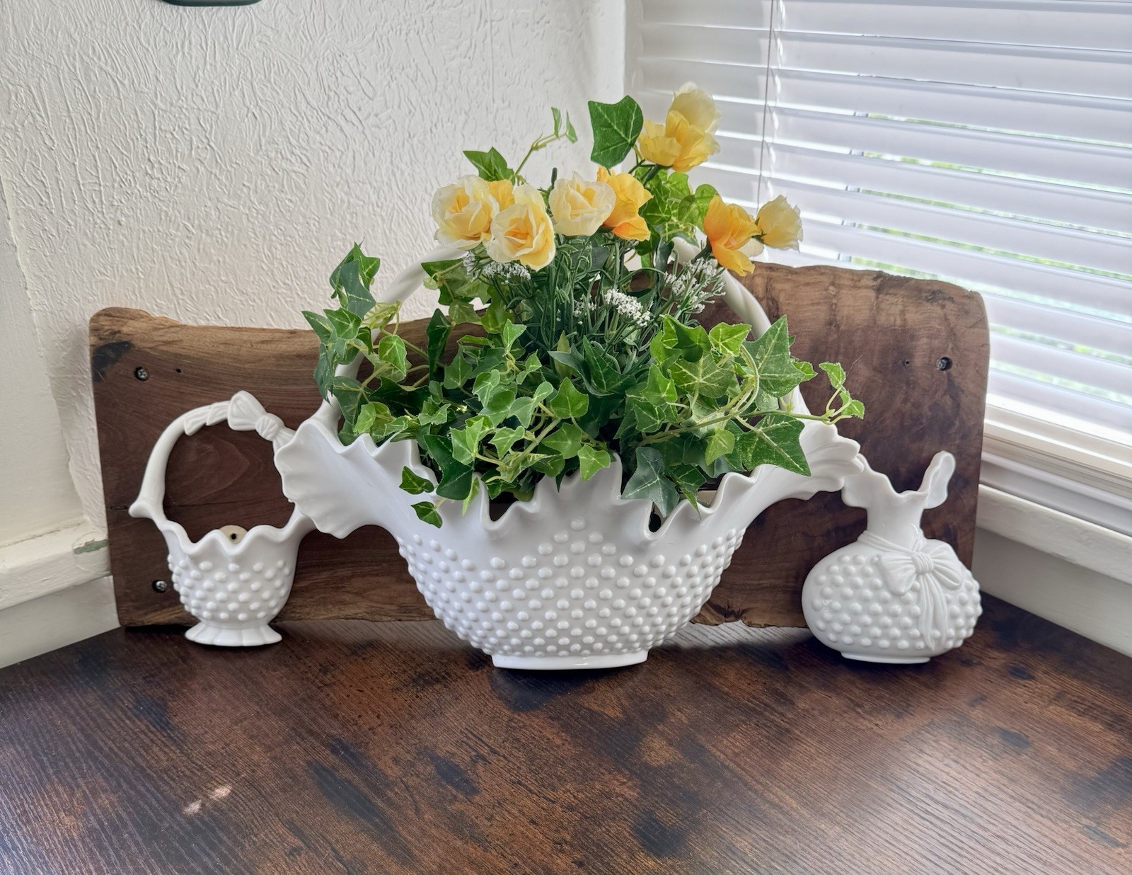 Vintage Burwood Hobnail Wall Decor Set White Basket Vase Plaque Cottagecore MCM