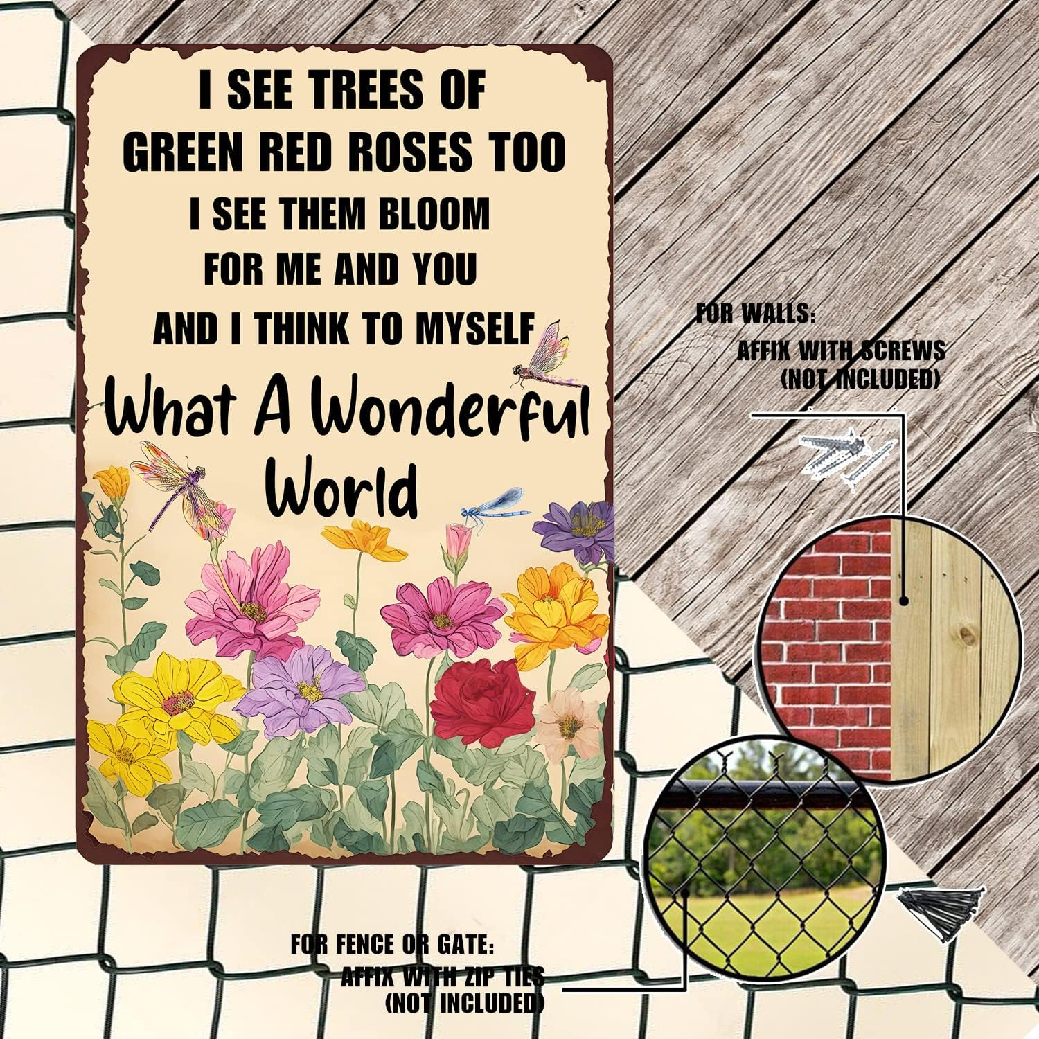 Vintage Metal Wall Sign – “What a Wonderful World” Garden Decor, 12×8 Inches