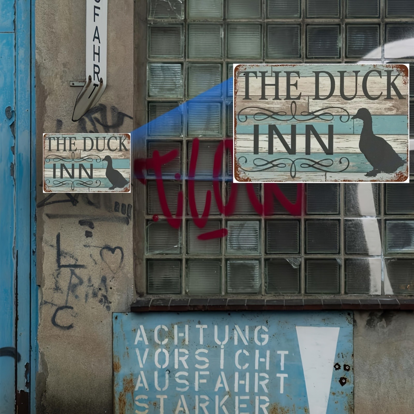 Vintage Duck Inn Metal Sign Blue White 8X12 Rustic