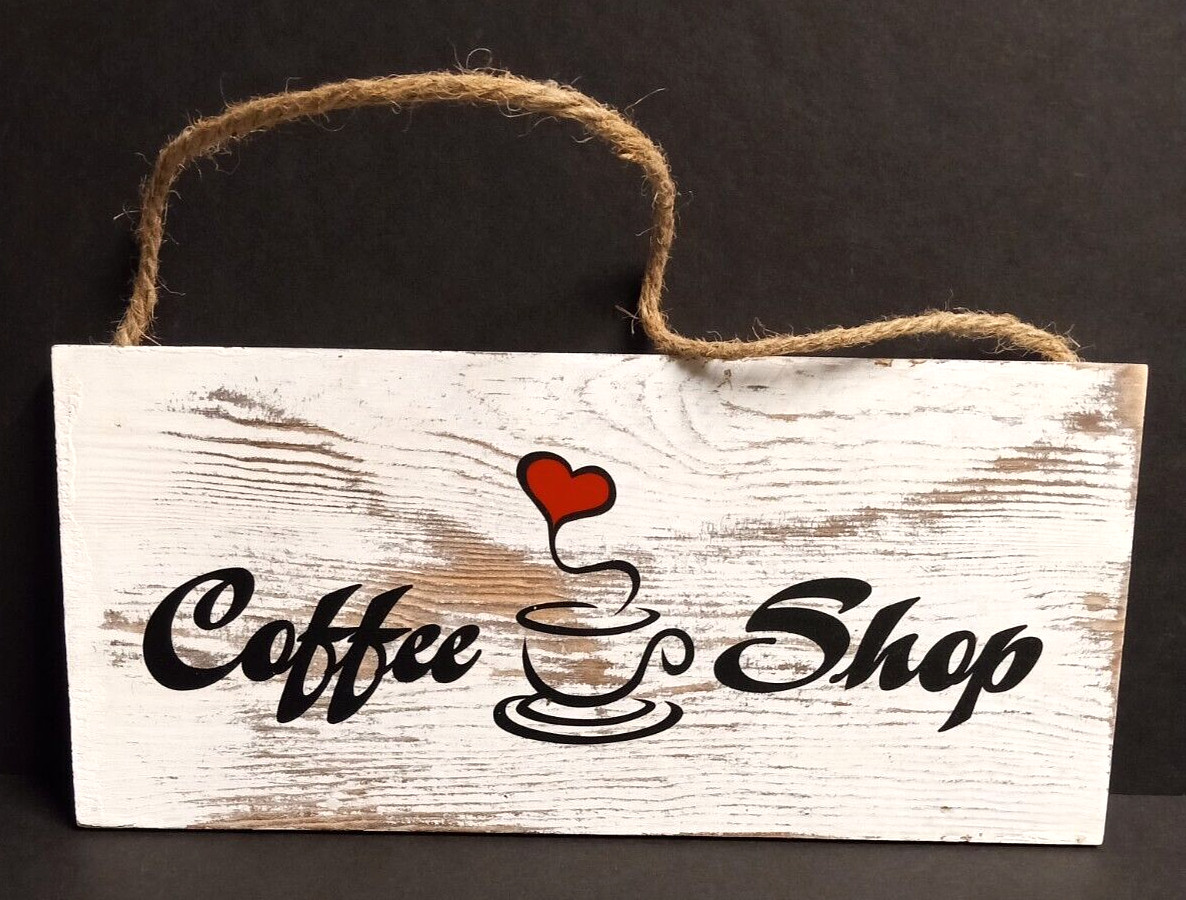 Coffee Shop White Wash Pine Distressed Wood Plank Plaque Sign w/ Rope Handle 12″