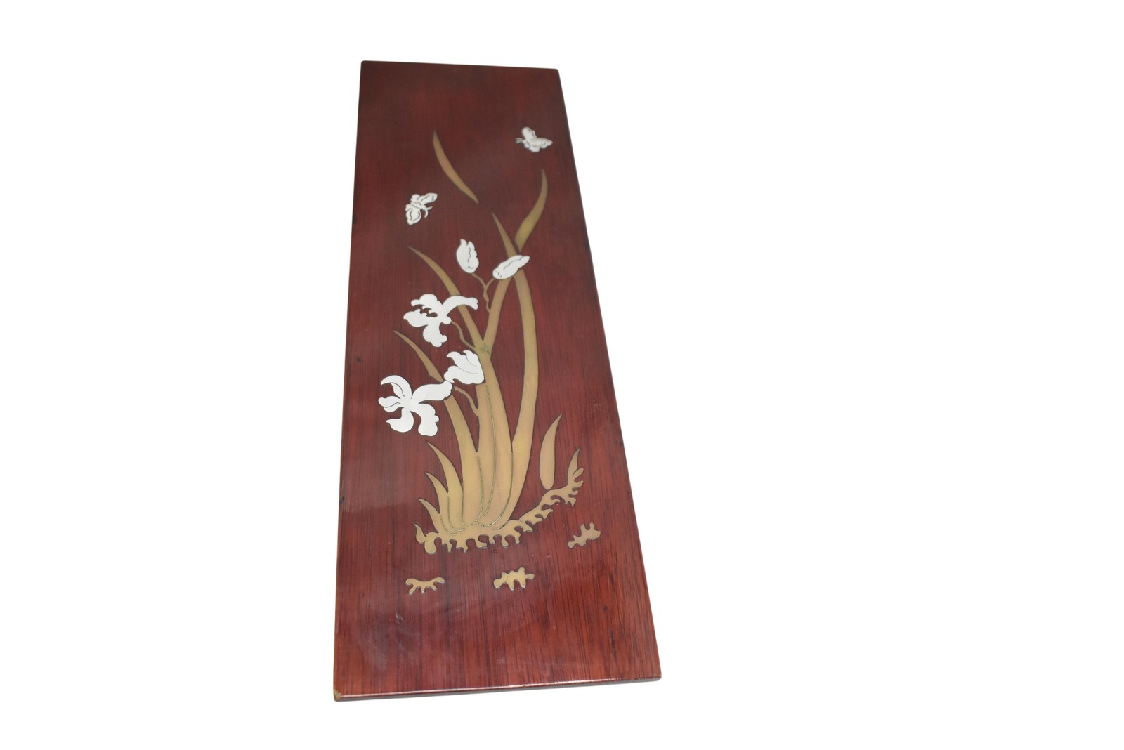 Asian Floral Butterfly Wall Plaque Brown Wood Medium Rectangular with Gold Inlay